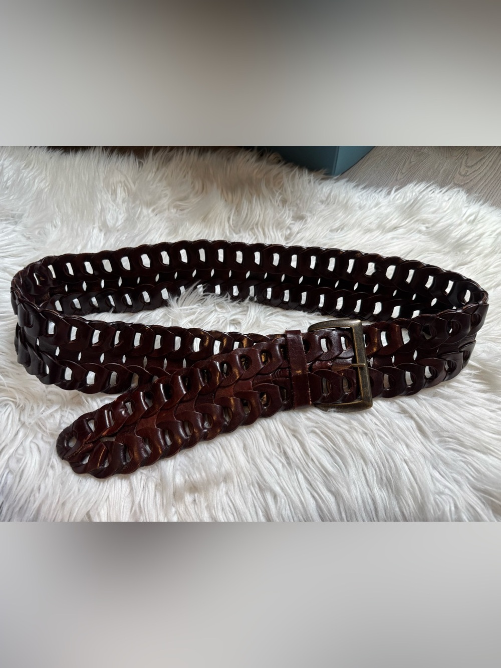 Vintage Italian Handcrafted Leather Braided Wide Link Belt Brown Plus Size